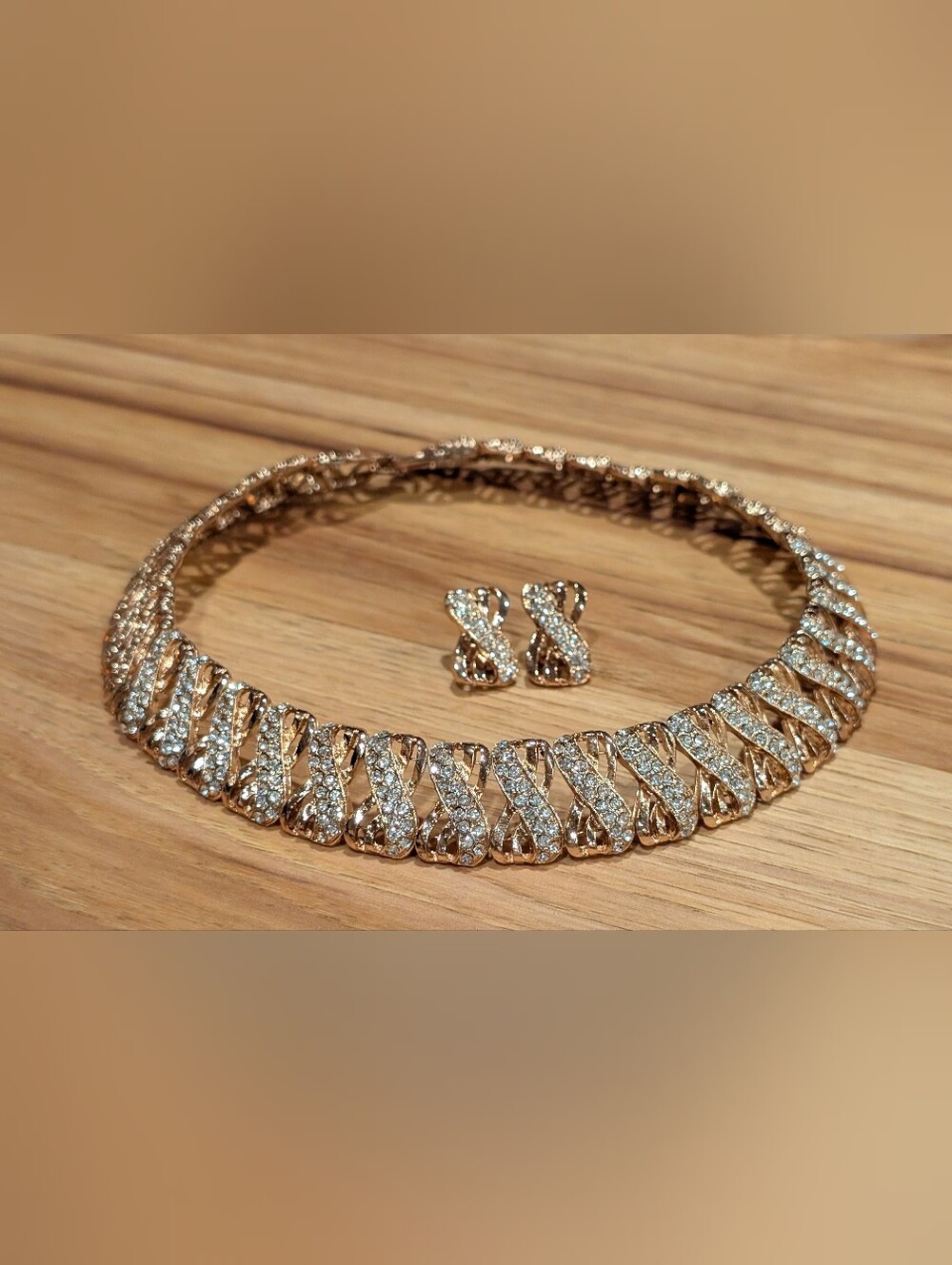 paparazzi Gold Crystal Twist Collar Necklace & Stud Earrings Set